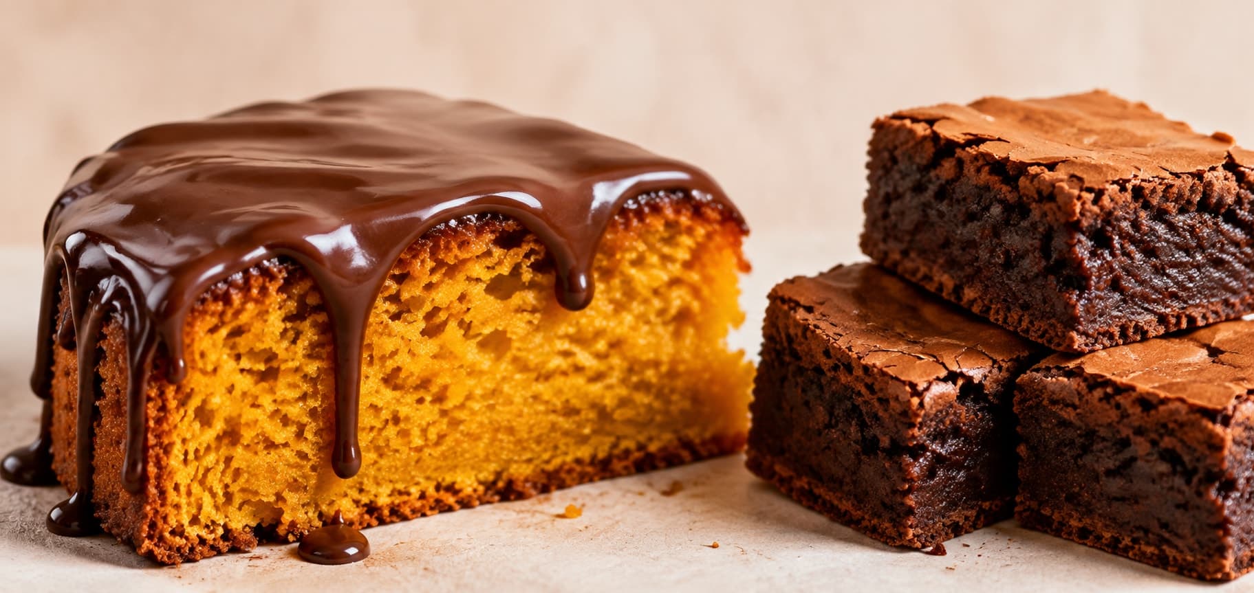 Fatias de bolo e brownies em um balcão