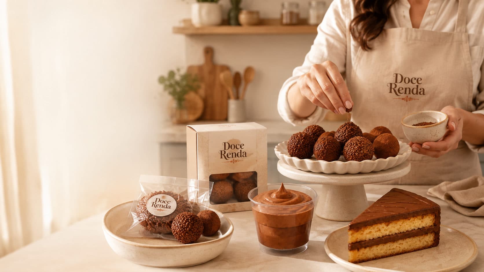Confeiteira finalizando brigadeiros em uma bancada